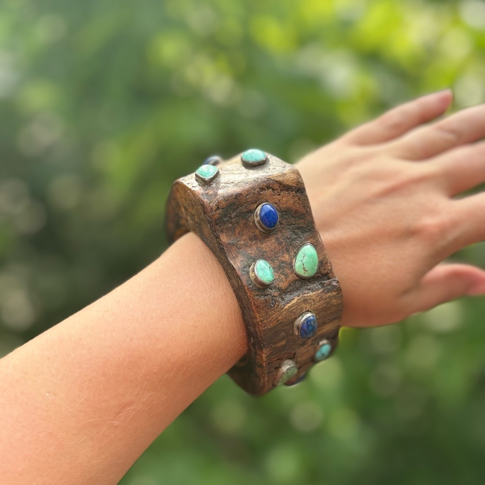 Turquoise and Sodalite Gem Wooden Bracelet